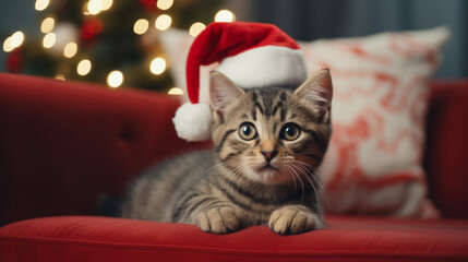 A cat with Santa's hat