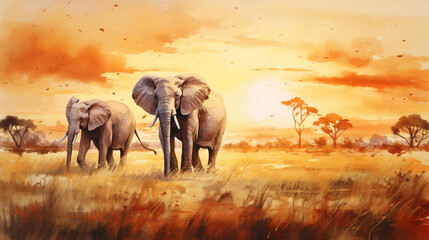 Two elephants in the savanna watercolor painting - obrazy, fototapety, plakaty