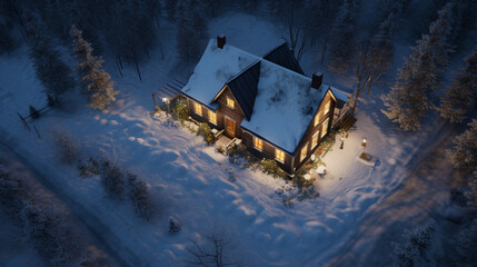 A house in the forest in winter, aerial view