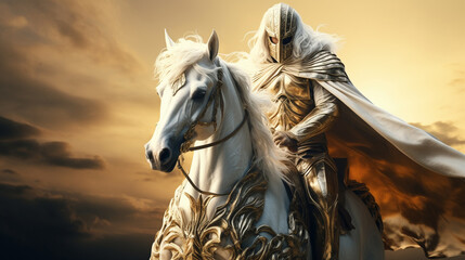A rider on a white horse with golden armor