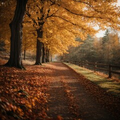 Obraz premium Trail of yellow and orange foliage winds through a picturesque autumn landscape, AI-generated.