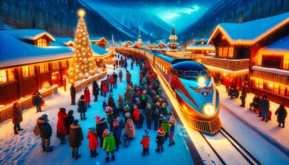 A train travels through a snow-covered Christmas town, its lights twinkling in the night. Generative AI