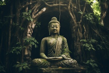 Ancient Buddha Statue Beneath a Towering Tree