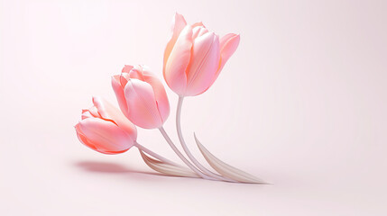  three pink tulips on a white background with shadows.  generative ai