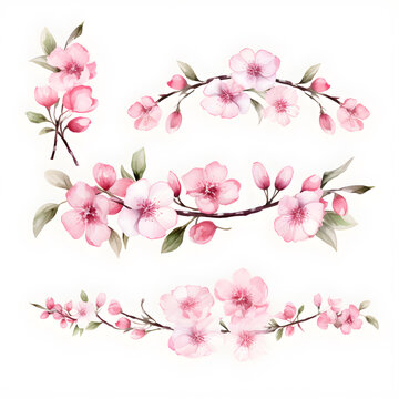 sakura flower watercolor, watercolor pink flowers on white background.