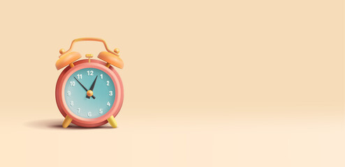 Orange classic 3d alarm clock with detailed analog clockface with numbers and arrows. Time to do business.