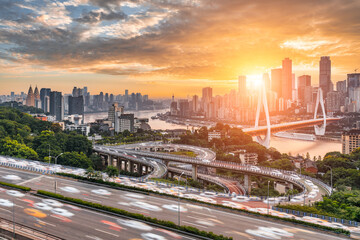 Chongqing city viaduct and skyline at sunset - obrazy, fototapety, plakaty