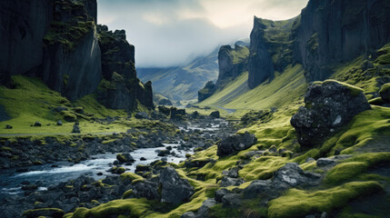 landscape in the mountains iceland river panorama nature - by generative ai - obrazy, fototapety, plakaty