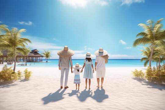 long-awaited family enjoying with holiday vacation. the family with their backs to the camera.Happy family enjoying together on beach on holiday vacation, Generative AI
