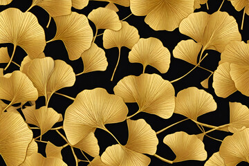 Golden Ginkgo leaves background. Luxury Floral art deco