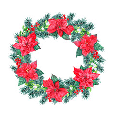 Wreath of blue fir for traditional Christmas decor at Home. Accessory for Christmas attire.