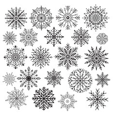 Snowflakes isolated on white background. Hand drawn silhouette. Doodle line snow icons. Design element for christmas banner, cards. Xmas ornament.