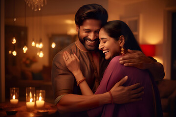 Happy loving young couple of Indian origin hugging together on the occasion of Diwali festival. - obrazy, fototapety, plakaty