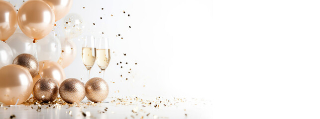 Glam New Years Eve celebration white and gold background with balloons, disco balls, confetti and champagne glasses with copy space