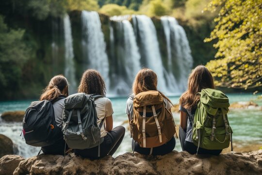 Close-Up: Backpack-Wearing Tourist Group Gazing at Spring Waterfall