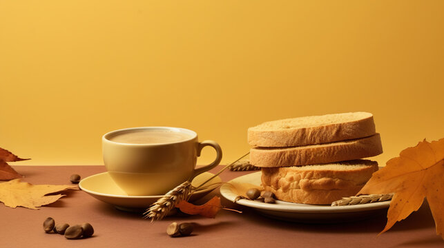  a cup of coffee and two pieces of bread on a plate.  generative ai