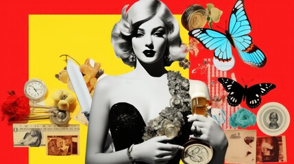 Modern pop art design picture of woman, contemporary collage image to print for decoration