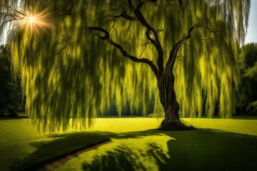 sunset in the forest, weeping willow tree, shadow, weeping willow in park, - obrazy, fototapety, plakaty