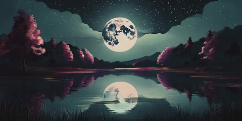 illustrazione di paesaggio notturno con grande luna piena che si riflette nelle acque calme di uno stagno - obrazy, fototapety, plakaty