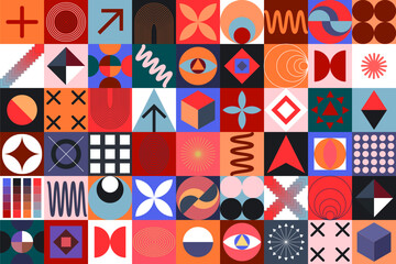 Obraz premium Abstract modern background with geometric shapes. Squares, circles, triangles, stripes. Bauhaus style. Set with graphic elements. Seamless pattern. Design in minimal flat style. Vector illustration