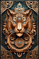 AI illustration of a beautiful ornate golden background featuring a tiger