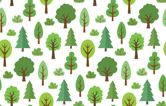 Seamless pattern with simple flat green trees and bushes. Vector cute backdrop.