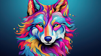  a colorful wolf with a blue background and a blue background.  generative ai