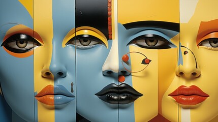 Modern art design picture of woman faces, contemporary collage image to print for decoration