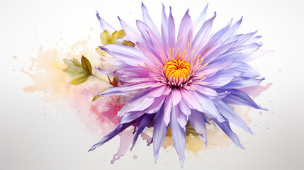  a purple flower with a yellow center surrounded by watercolor splotters.  generative ai