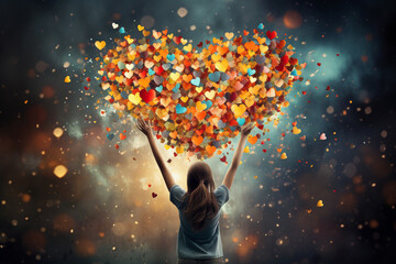 Woman holding a huge heart made by many small hearts, love and emotion concept, good hearted, hope, help and charity