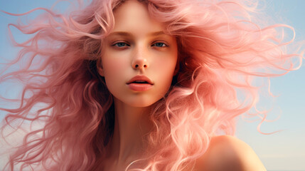 Fototapeta premium Beutiful young woman with pink color hairs. Trendy hairstyle concept.