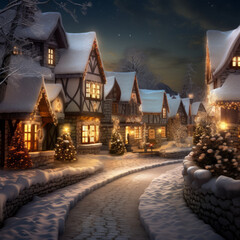 a christmas scene of a snowy street with lit up houses
