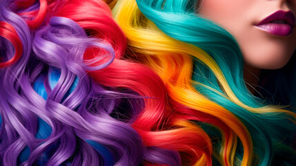 Close-up of unidentified beutiful young woman with multicolored hairs. Trendy hairstyle concept.