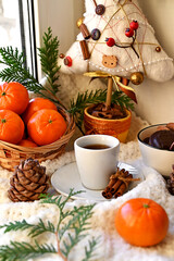 Still life with glasses of mulled wine or fruit tea, Red Poinsettia flowers, fir branch and spices on a dark background with copy space. New year and Christmas table setting. Greeting card.