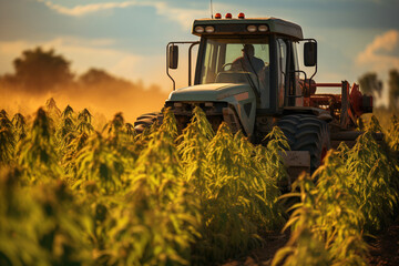 Harvesting hemp plants on a plantage field, medical marijuana, cannabis leaves, alternative medicine, narcotic drug - obrazy, fototapety, plakaty