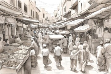 An intricate pencil sketch of a bustling market in Marrakech