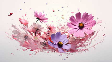  a bunch of flowers that are in the air with paint splatters. generative ai