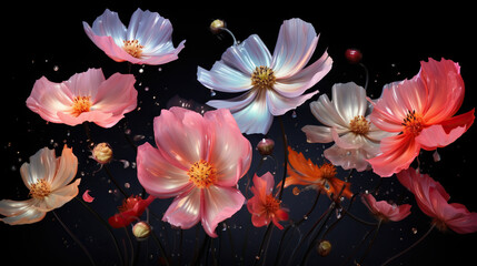  a bunch of flowers that are on a black background with water droplets.  generative ai