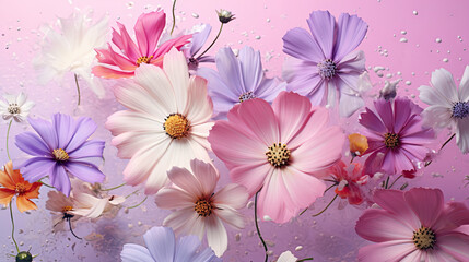  a bunch of flowers that are on a pink background with water droplets.  generative ai