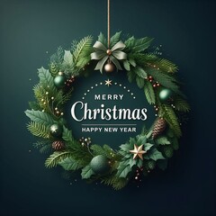 christmas greeting card with branches merry christmas and happy new banner design with realistic green decoration with space for copy created with generative ai - obrazy, fototapety, plakaty