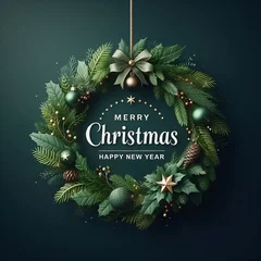 Fotobehang christmas greeting card with branches merry christmas and happy new banner design with realistic green decoration with space for copy created with generative ai © Chaudhry