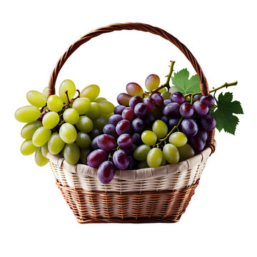 Um cesto com cachos de uvas verdes e roxas suculentas, isolado sem fundo, fundo transparente PNG.