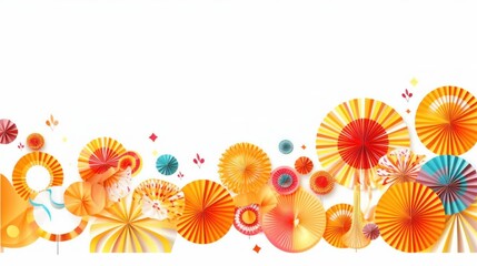 Colored paper orange decorations in the form of a round fan for a children's holiday party or wedding photo shoot on a white isolated background