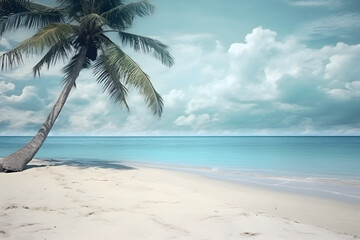 Obraz premium tropical beach view at cloudy day with white sand, turquoise water and palm tree. Neural network generated image. Not based on any actual scene or pattern.