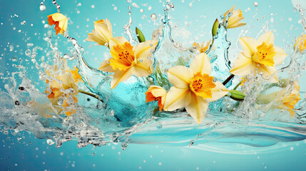  a bunch of yellow flowers are splashing into the water.  generative ai