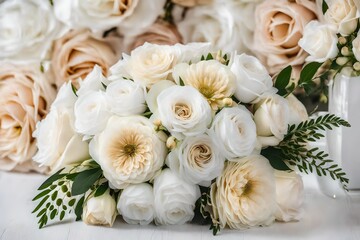 Bridal wedding bouquet in white and beige colours. Tenderness flowe