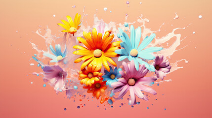  a bunch of flowers that are on a pink background with water.  generative ai