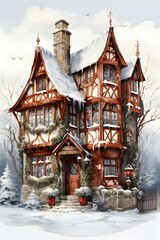 Fototapeta na wymiar Magical Christmas red Cottage in winter