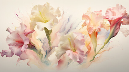  a group of flowers that are on a white background with a splash of paint.  generative ai