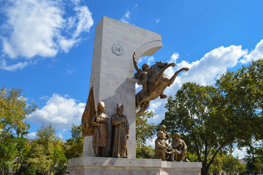 ISTANBUL, TURKEY - SEP 1, 2013: Memorial of Sultan Mehmed II the Conqueror, Fatih Park, Istanbul. Equestrian statue of Fatih Sultan Mehmet, turkish monuments of the history of Constantinople.